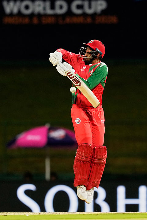 Oman's Wasim Ali plays a shot during the T20 World Cup cricket match between Australia and Oman in Pallekele, Sri Lanka.