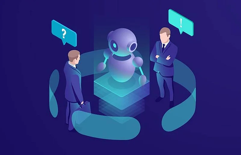 Businessmen interacting with holographic AI robot assistant