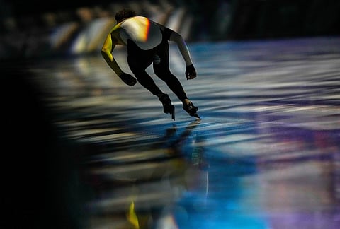 Mathias Voste of Belgium warms up prior to competing in the men's 1500 meters speedskating race at the 2026 Winter Olympics, in Milan, Italy.