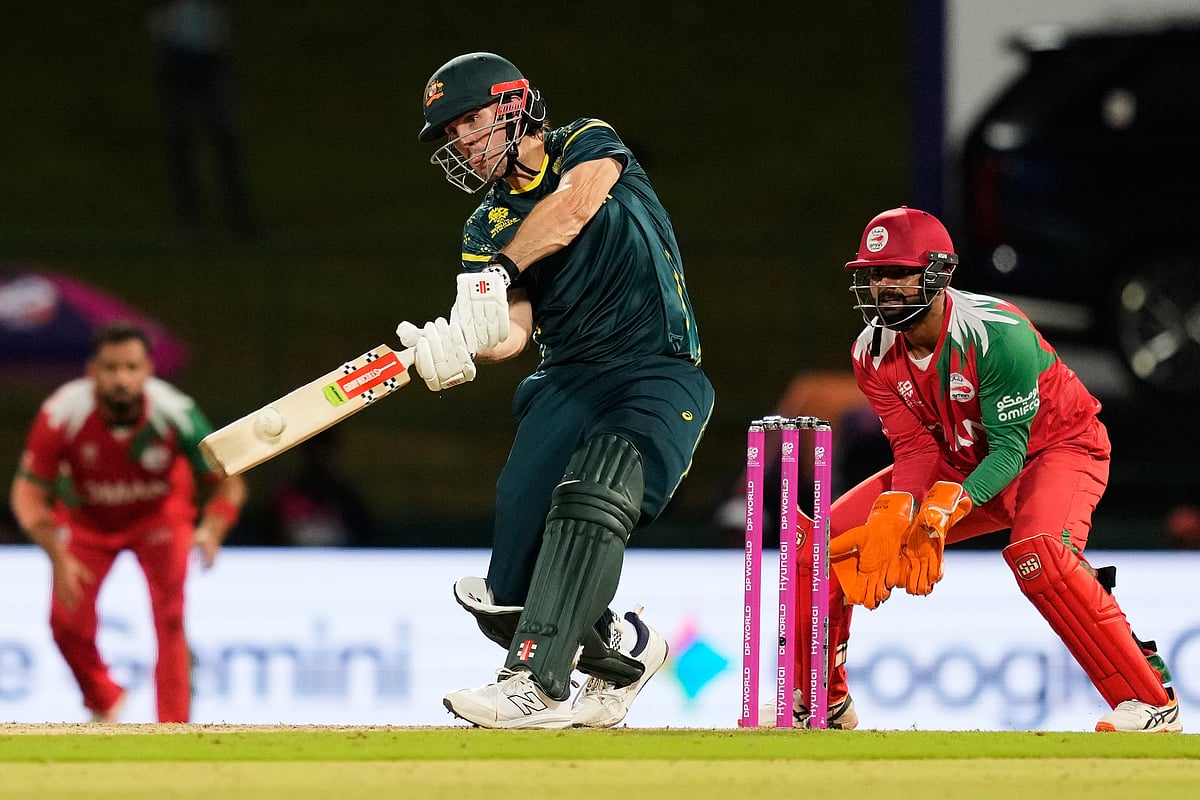 Australia's captain Mitchell Marsh hits a six during the T20 World Cup cricket match between Australia and Oman in Pallekele, Sri Lanka, Friday, Feb. 20, 2026. 