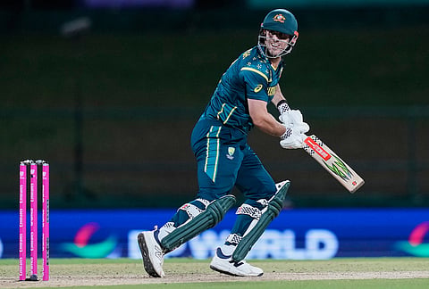 Australia's captain Mitchell Marsh plays a shot during the T20 World Cup cricket match between Australia and Oman in Pallekele, Sri Lanka.