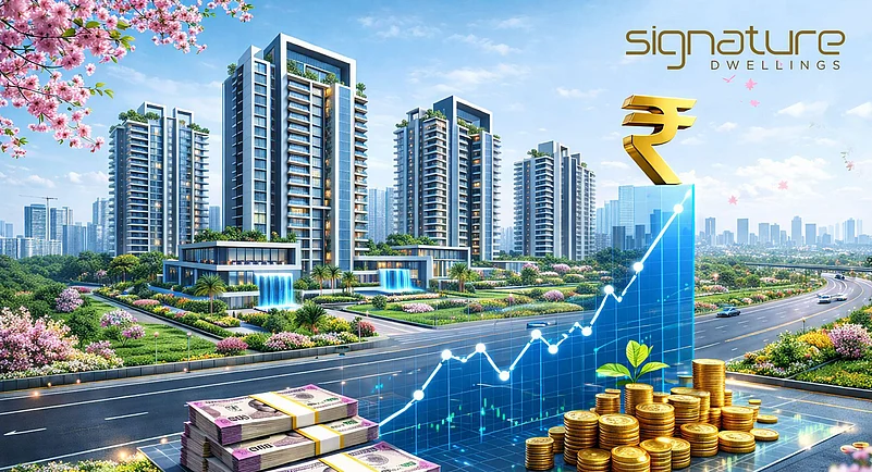 Digital rendering of high-rise apartments with a rising growth graph and Rupee symbol.