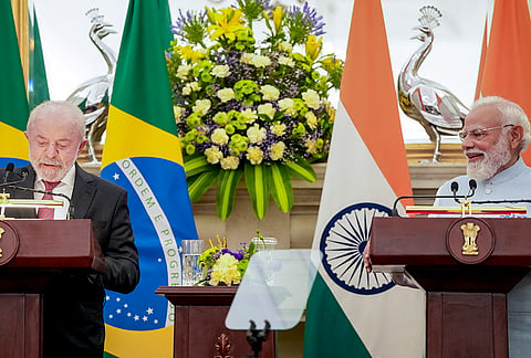 Prime Minister Narendra Modi with Brazilian President Luiz Inacio Lula da Silva during a joint press meet, at the Hyderabad House, in New Delhi.