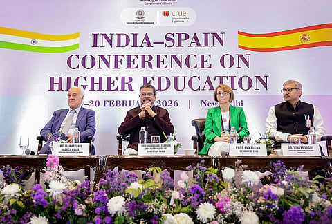 Union Education Minister Dharmendra Pradhan, Ambassador of Spain to India Juan Antonio March Pujol and others during the closing ceremony of the India-Spain Conference on Higher Education, in New Delhi.