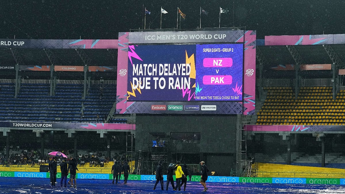 AP Photo/Eranga Jayawardena : A large screen announces a delay in the start of T20 World Cup cricket match between New Zealand and Pakistan due to rain, in Colombo, Sri Lanka, Saturday, Feb. 21, 2026. 