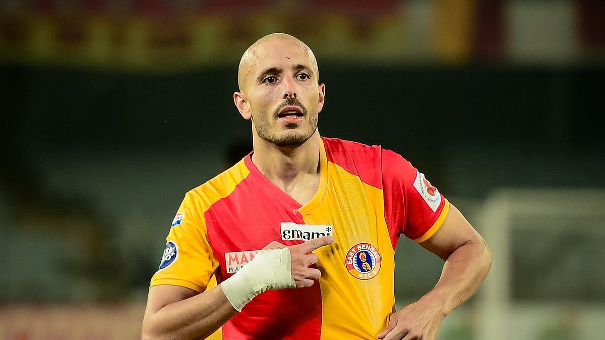 eastbengal_fc/X : Youssef Ezzejjari celebrating after scoring a goal in ISL 2025-26 clash against NorthEast United. 