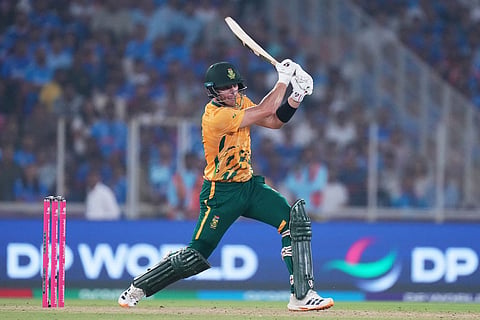 South Africa's Tristan Stubbs plays a shot during the T20 World Cup cricket match between India and South Africa in Ahmedabad, India.