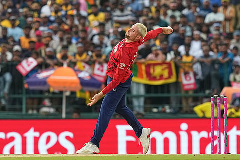 England's Will Jacks bowls a delivery during the T20 World Cup cricket match between Sri Lanka and England in Pallekele, Sri Lanka.