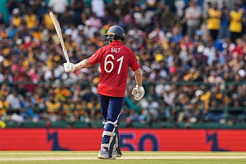 England's Phil Salt celebrates his fifty runs during the T20 World Cup cricket match between Sri Lanka and England in Pallekele, Sri Lanka.