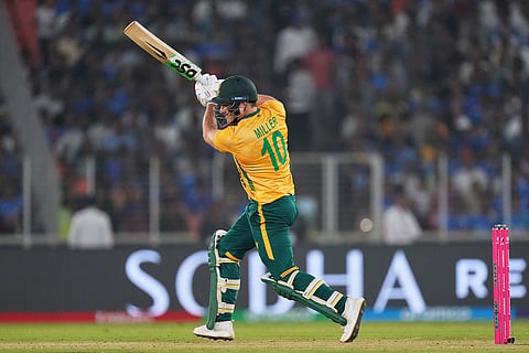South Africa's David Miller plays a shot during the T20 World Cup cricket match between India and South Africa in Ahmedabad, India.