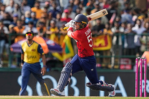 England's Sam Curran plays a shot during the T20 World Cup cricket match between Sri Lanka and England in Pallekele, Sri Lanka.