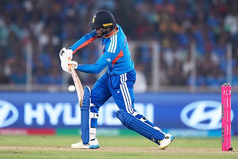 India's plays a shot during the T20 World Cup cricket match between India and South Africa in Ahmedabad, India.