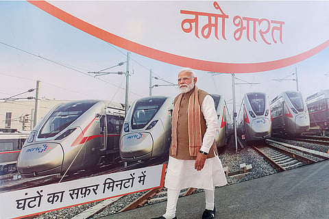 In this image posted on Feb. 22, 2026, Prime Minister Narendra Modi during the flagging off of the Meerut Metro and Namo Bharat train at a ceremonial launch at Shatabdi Nagar Namo Bharat Station, in Meerut.