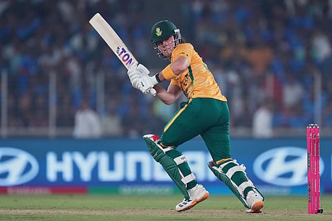 South Africa's Dewald Brevis plays a shot during the T20 World Cup cricket match between India and South Africa in Ahmedabad, India.