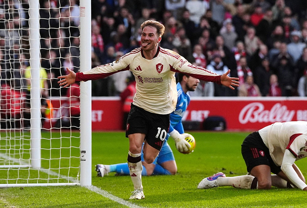 | Photo: Nick Potts/PA via AP : Liverpool's Alexis Mac Allister celebrates scoring during the English Premier League soccer match between Nottingham Forest and Liverpool in Nottingham, England.