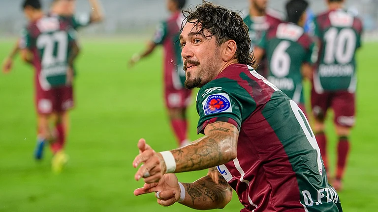 Mohun Bagan Super Giant's Dimitrios Petratos celebrates after scoring during the Indian Super League match against Chennaiyin FC on February 23, 2026. - | Photo: AIFF