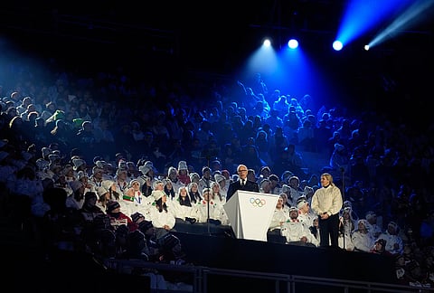 President of the Milan Cortina 2026 Foundation Giovanni Malago speaks as IOC President Kirsty Coventry, right, stands nearby during the closing ceremony of the 2026 Winter Olympics, in Verona, Italy.