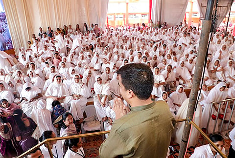 Gujarat Deputy Chief Minister Harsh Sanghavi during the 'Gachchadhiraj Pattabhishek Mahotsav', a Jain religious consecration ceremony, at Vesu, in Surat, Gujarat. 