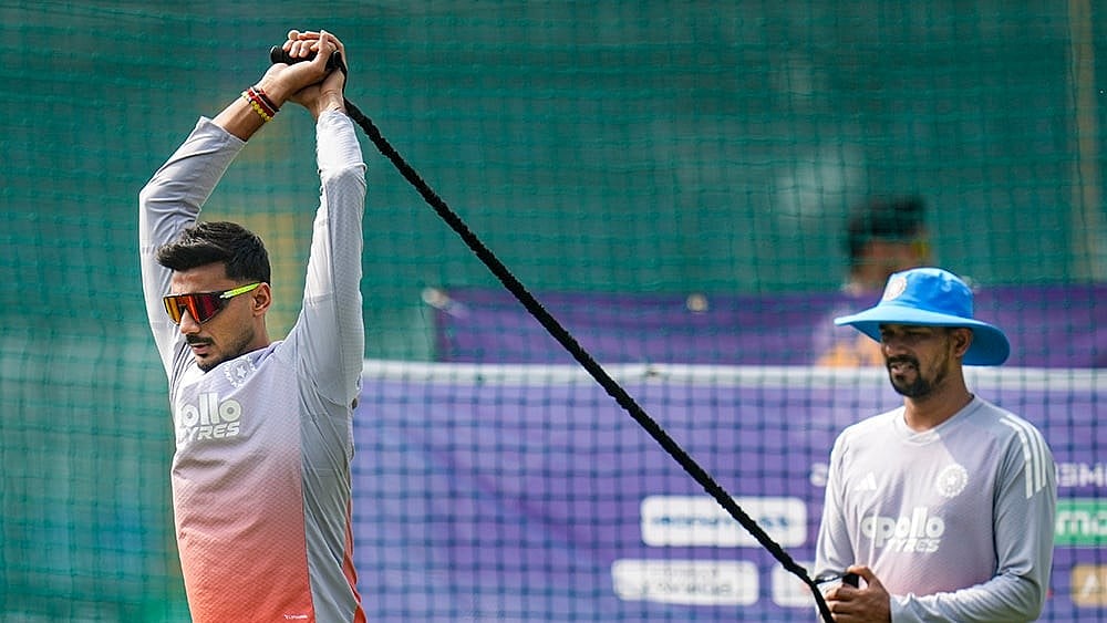 | Photo: PTI/Shashank Parade : India's Axar Patel during a training session ahead of the ICC Men's T20 World Cup 2026 cricket match against USA, in Mumbai.