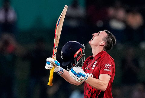 England's captain Harry Brook celebrates his century during the T20 World Cup cricket match between England and Pakistan in Pallekele, Sri Lanka.