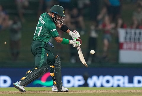 Pakistan's Sahibzada Farhan plays a shot during the T20 World Cup cricket match between England and Pakistan in Pallekele, Sri Lanka.