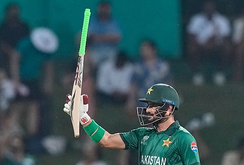 Pakistan's Sahibzada Farhan celebrates his fifty runs during the T20 World Cup cricket match between England and Pakistan in Pallekele, Sri Lanka.