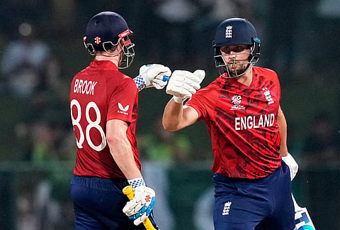 England's captain Harry Brook, left, and Will Jacks celebrate during the T20 World Cup cricket match between England and Pakistan in Pallekele, Sri Lanka.