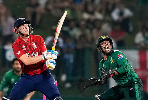 England's captain Harry Brook plays a shot during the T20 World Cup cricket match between England and Pakistan in Pallekele, Sri Lanka.
