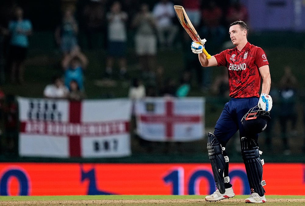| Photo: AP/Eranga Jayawardena : England's captain Harry Brook celebrates his century during the T20 World Cup cricket match between England and Pakistan in Pallekele, Sri Lanka.