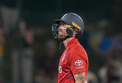 England's Phil Salt leaves the ground after losing his wicket during the T20 World Cup cricket match between England and Pakistan in Pallekele, Sri Lanka.