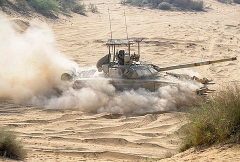 An Indian Army T-90 Bhishma main battle tank manoeuvres during Exercise Kharga Shakti 2026 conducted by Kharga Corps, in Bikaner district, Rajasthan. 