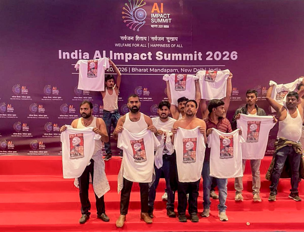 PTI : In this image posted on Feb. 20, 2026, Indian Youth Congress workers stage a protest during the India AI Impact Summit 2026 at Bharat Mandapam, in New Delhi. 