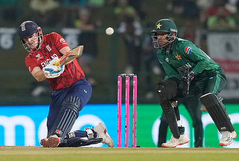 England's captain Harry Brook plays a shot during the T20 World Cup cricket match between England and Pakistan in Pallekele, Sri Lanka.