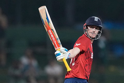England's captain Harry Brook celebrates his fifty runs during the T20 World Cup cricket match between England and Pakistan in Pallekele, Sri Lanka.