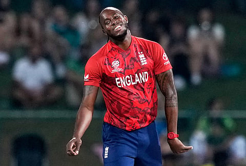England's Jofra Archer reacts after a delivery during the T20 World Cup cricket match between England and Pakistan in Pallekele, Sri Lanka.