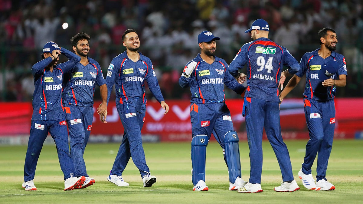 (AP Photo/Surjeet Yadav) : Lucknow Super Giants' players celebrate after winning the Indian Premier League cricket match against Rajasthan Royals at Sawai Mansingh Stadium in Jaipur, India, Sunday, April 20, 2025. 
