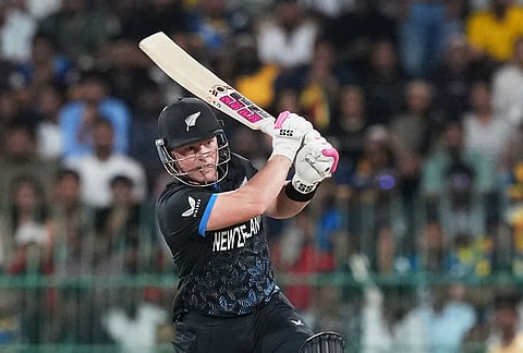 New Zealand's Tim Seifert plays a shot during the T20 World Cup cricket match between Sri Lanka and New Zealand in Colombo, Sri Lanka.
