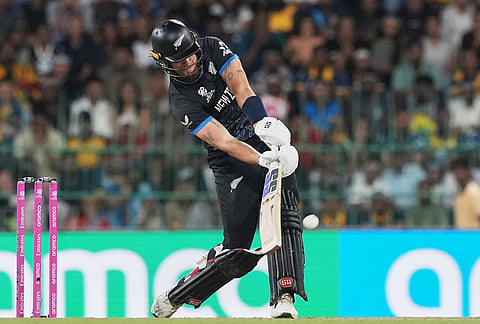 New Zealand's Finn Allen hits a six during the T20 World Cup cricket match between Sri Lanka and New Zealand in Colombo, Sri Lanka.
