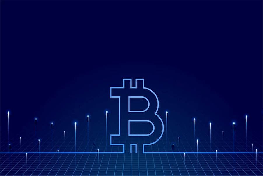 A glowing neon outline of a Bitcoin symbol set against a dark blue grid and data lines.