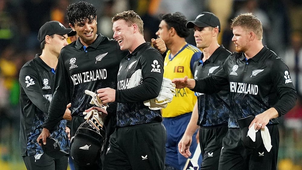 | Photo: AP/Eranga Jayawardena : New Zealand's Rachin Ravindra and Tim Seifert have a chat after winning the T20 World Cup cricket match between Sri Lanka and New Zealand in Colombo, Sri Lanka.