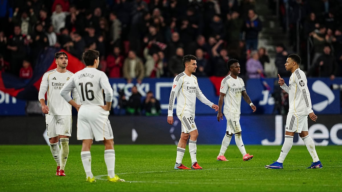 | Photo: AP/Miguel Oses : Real Madrid players react after Osasuna scored the second goal during a Spanish La Liga soccer match between Osasuna and Real Madrid in Pamplona, Spain, Saturday, Feb. 21, 2026. 