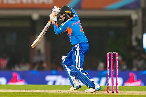 India's Abhishek Sharma plays a shot during an ICC Men's T20 World Cup 2026 cricket match between India and Zimbabwe, at the MA Chidambaram Stadium, in Chennai