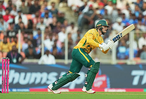 South Africa's Ryan Rickelton plays a shot during the T20 World Cup cricket match between South Africa and West Indies in Ahmedabad.