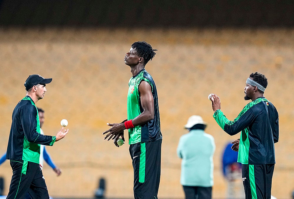 | Photo: PTI/R Senthilkumar : Zimbabwe's Blessing Muzarabani, centre, during a training session ahead of the ICC Men's T20 World Cup 2026 cricket match between India and Zimbabwe, at MA Chidambaram Stadium, in Chennai.