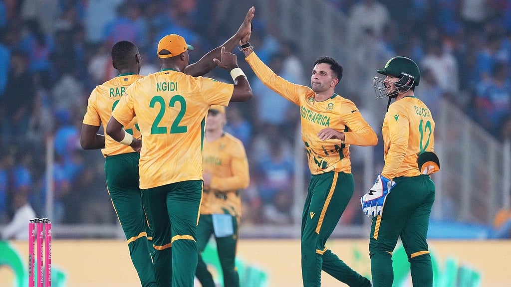 AP : South Africa celebrating their 76-run victory against India in a Super 8 match at ICC T20 World Cup 2026.