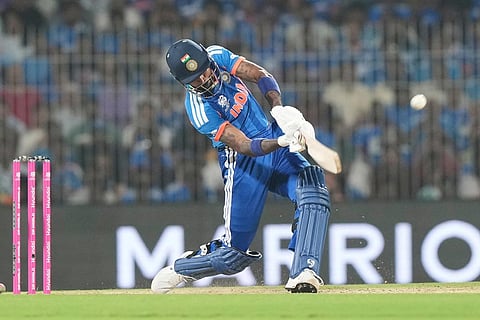 India's Hardik Pandya hits a six during the T20 World Cup cricket match between India and Zimbabwe in Chennai, India.