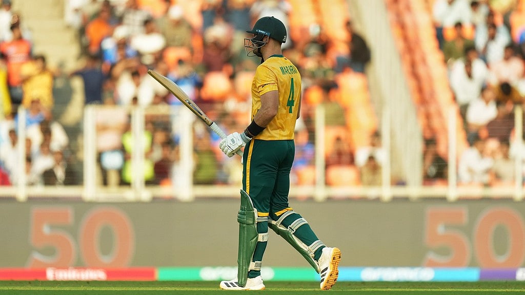 AP Photo/Ajit Solanki : South Africa's captain Aiden Markram celebrates his fifty runs during the T20 World Cup cricket match between South Africa and West Indies in Ahmedabad, India, Thursday, Feb. 26, 2026.