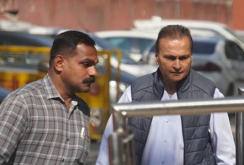 Industrialist Anil Ambani arrives at the Enforcement Directorate headquarters for questioning in connection with an alleged bank fraud case, in New Delhi.