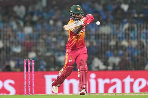 Zimbabwe's Dion Myers plays a shot during the T20 World Cup cricket match between India and Zimbabwe in Chennai, India, Thursday, Feb. 26, 2026. ()