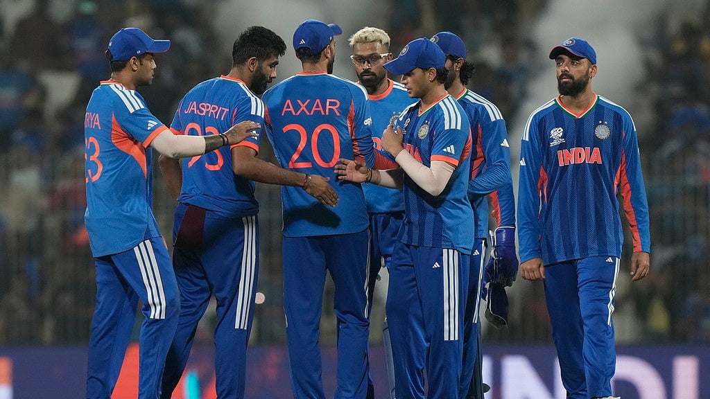 AP Photo/Mahesh Kumar A. : Indian players celebrate after winning the T20 World Cup cricket match between India and Zimbabwe in Chennai, India, Thursday, Feb. 26, 2026.